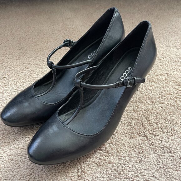 ECCO T-Strap Mary Jane Pumps Womens EUR 40 US 9-9.5 Black Retro 50s Comfort EUC
